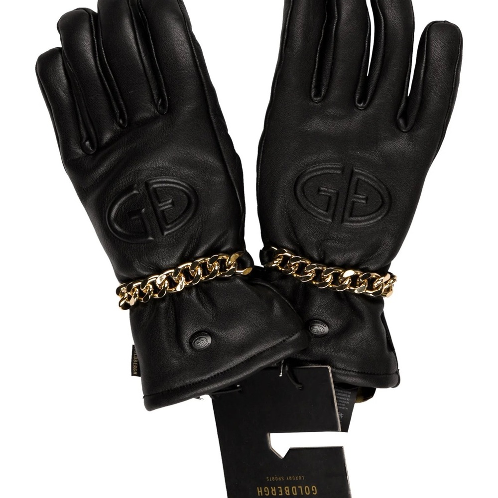 Goldbergh Black Leather Gloves with Gold Chain Size 6.5
